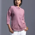 onion pink printed and embroidered work wear top
