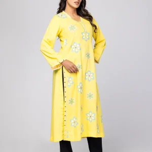 yellow printed and embroidered viscose kurta