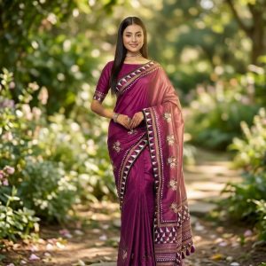 Full view of elegant purple silk saree with embroidered border and floral motifs worn by model in garden setting