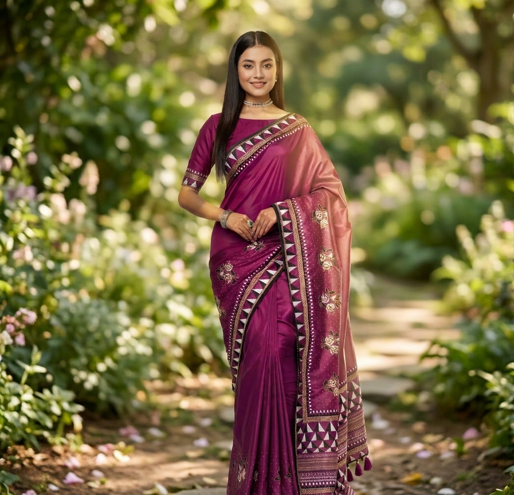 Full view of elegant purple silk saree with embroidered border and floral motifs worn by model in garden setting
