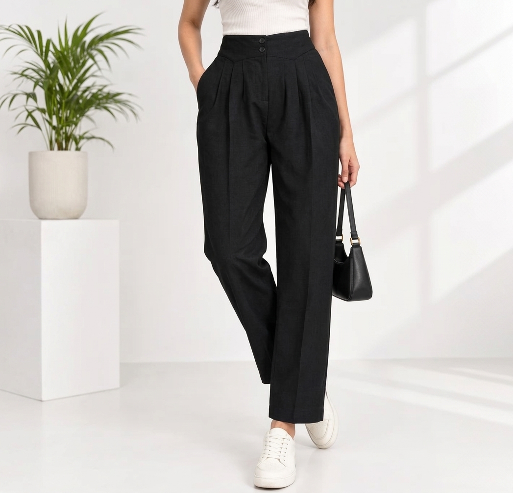 Full view of stylish black high-waist pleated trousers worn by model with white sneakers and handbag