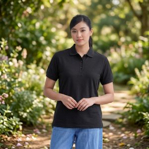 Full view of stylish black polo t-shirt paired with blue jeans worn by model in outdoor garden setting
