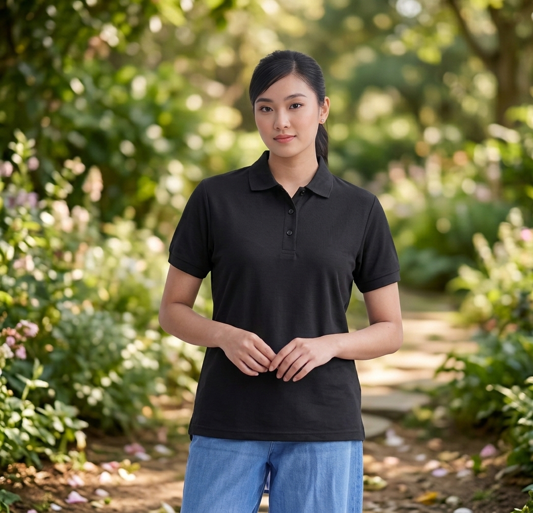 Full view of stylish black polo t-shirt paired with blue jeans worn by model in outdoor garden setting