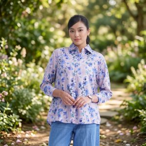 Full view of stylish light purple floral printed button-down shirt paired with blue jeans worn by model in outdoor garden setting