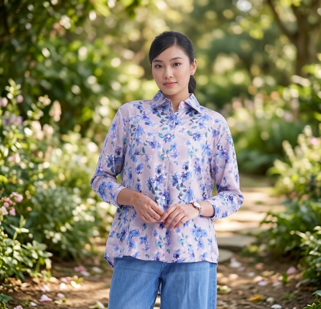 Full view of stylish light purple floral printed button-down shirt paired with blue jeans worn by model in outdoor garden setting