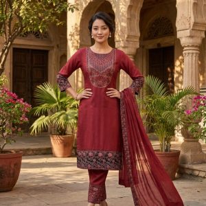 Full view of stylish maroon 3pcs shalwar kameez with intricate neck embroidery and floral border worn by model in courtyard setting