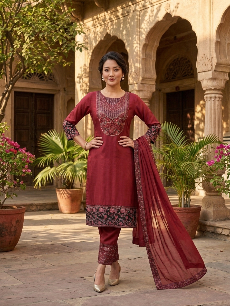 Full view of stylish maroon 3pcs shalwar kameez with intricate neck embroidery and floral border worn by model in courtyard setting