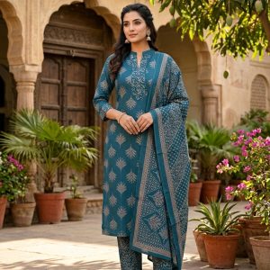 Full view of stylish teal blue printed 3pcs shalwar kameez with matching dupatta worn by model in traditional courtyard setting