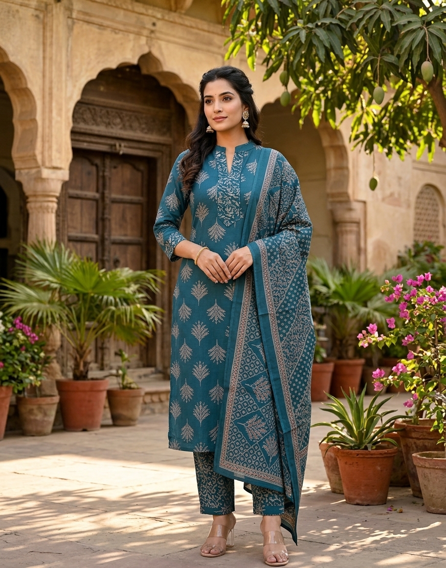 Full view of stylish teal blue printed 3pcs shalwar kameez with matching dupatta worn by model in traditional courtyard setting