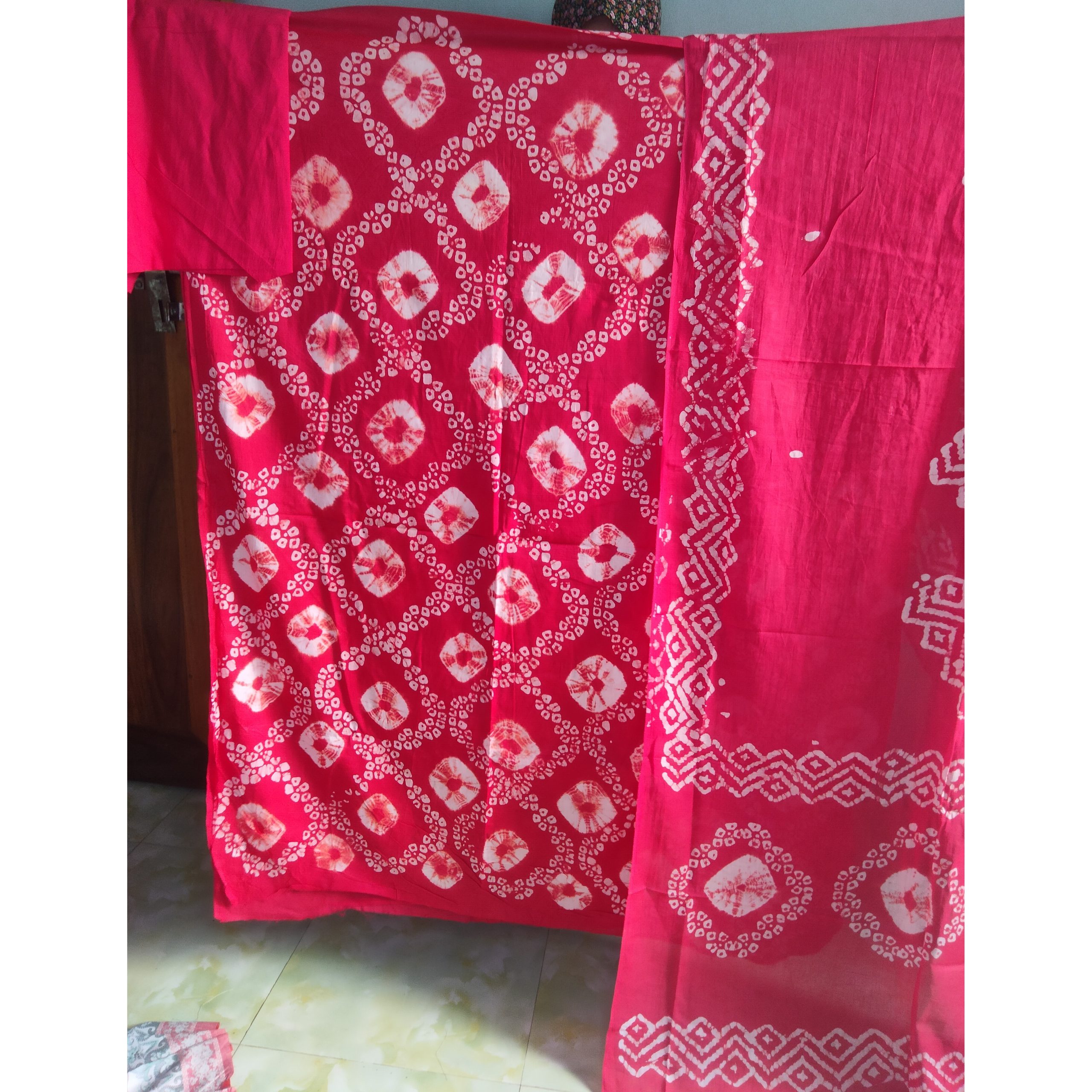 traditional red tie dye batik print 3pcs shalwar kameez